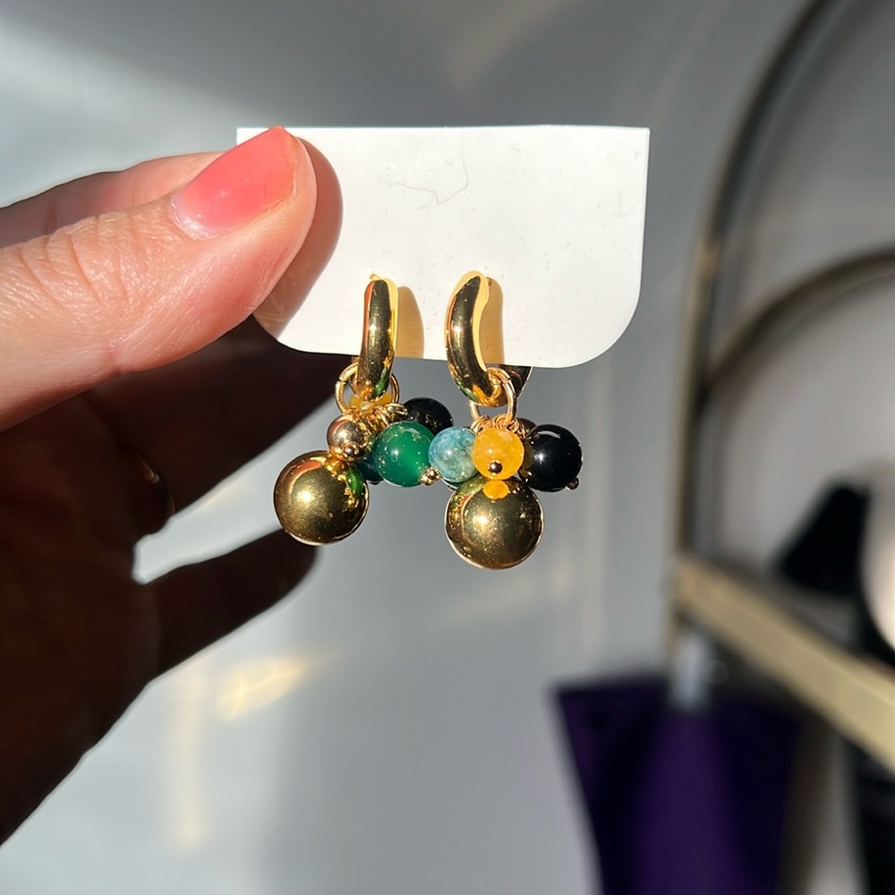 Gold Bobble Hoops With Yellow, Green, Blue And Black